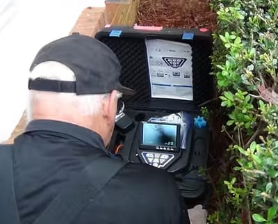 Inspector operating a sewer scope camera and monitor